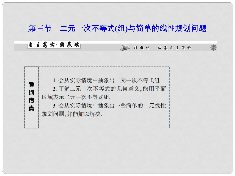 高考数学总复习 第六章第三节 二元一次不等式(组)与简单的线性规划问题课件 理_第1页