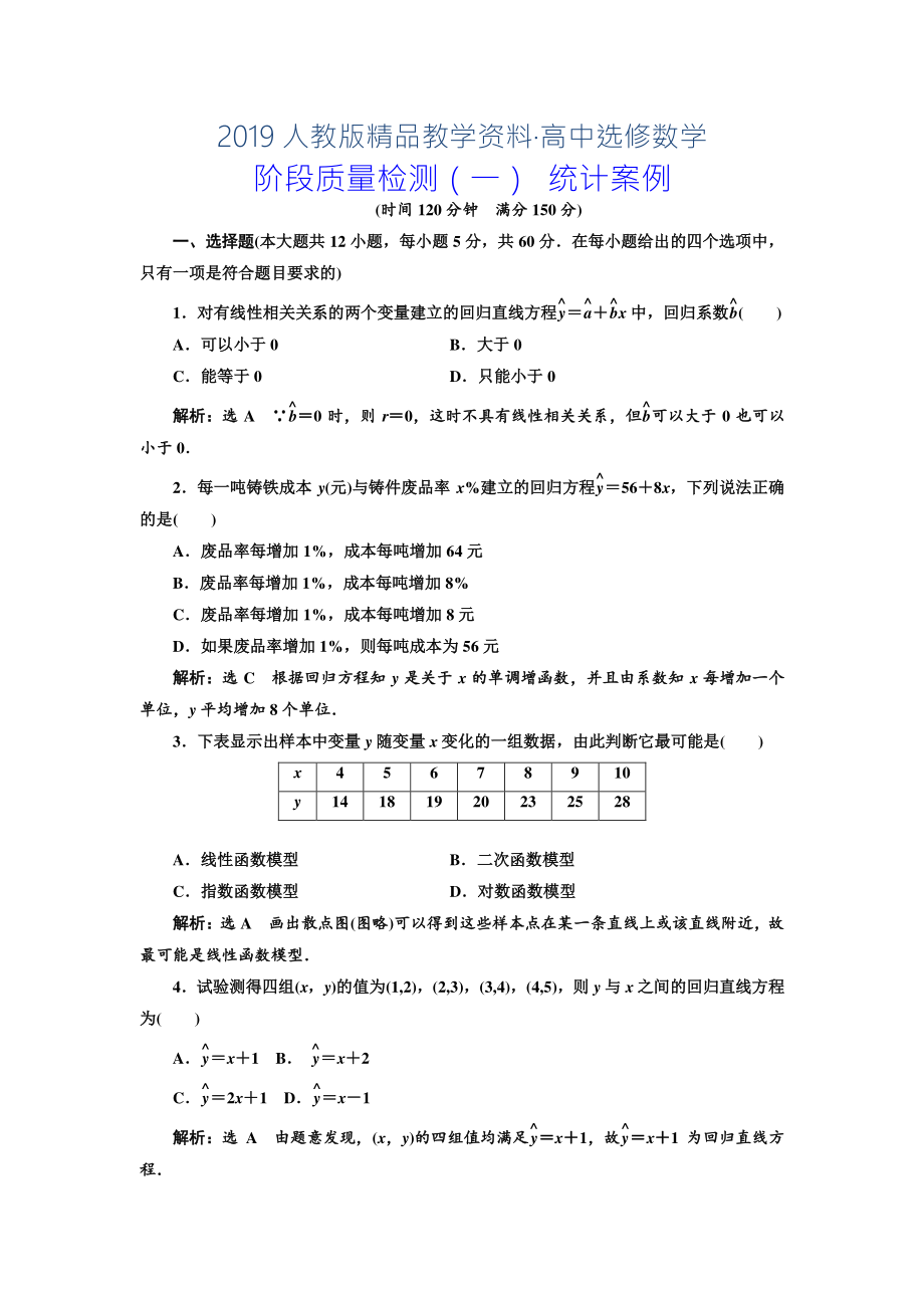 人教版 高中數(shù)學(xué)【選修 21】 階段質(zhì)量檢測：一統(tǒng)計(jì)案例_第1頁