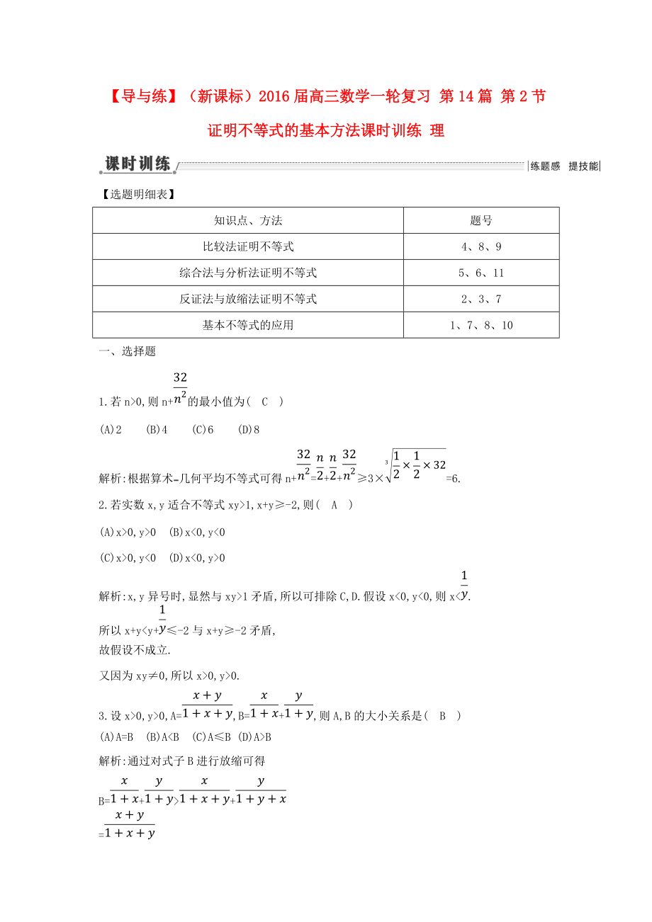 【導(dǎo)與練】新課標高三數(shù)學一輪復(fù)習 第14篇 第2節(jié) 證明不等式的基本方法課時訓練 理_第1頁