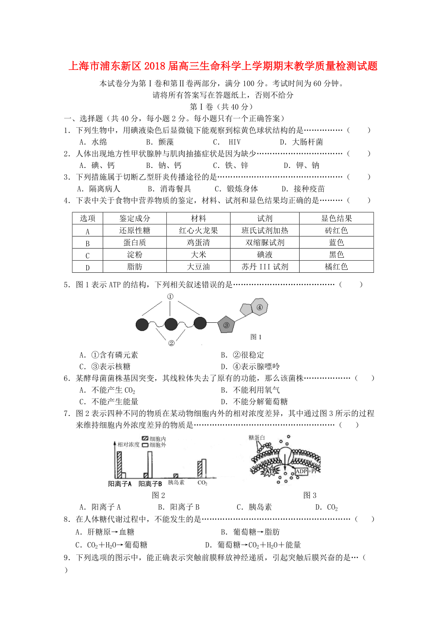 上海市浦东新区高三生命科学上学期期末教学质量检测试题_第1页