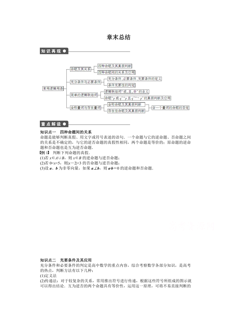 苏教版数学选修21：第1章 常用逻辑用语 第1章章末总结 课时作业含答案_第1页