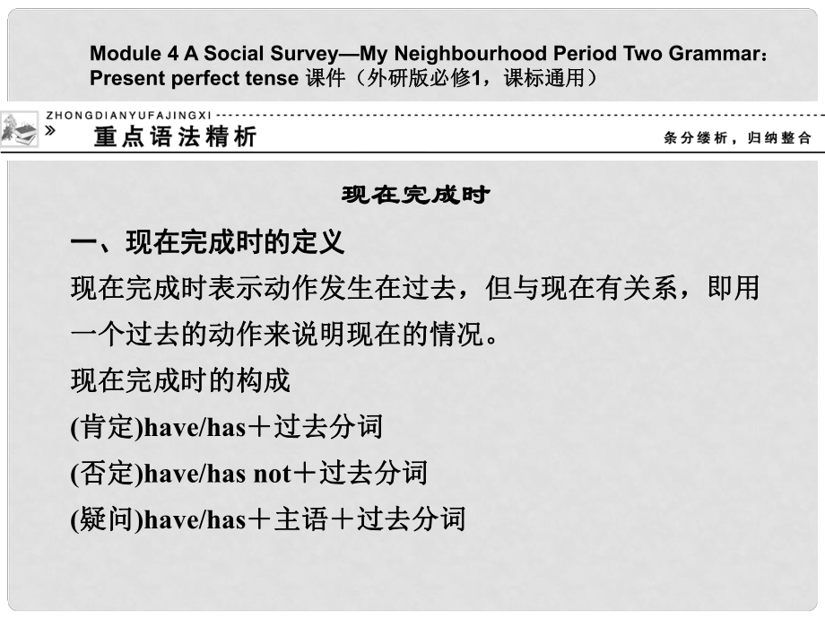 高中英語 Module 4 A Social Survey My Neighbourhood Period Two Grammar Present perfect tense課件 外研版必修1_第1頁