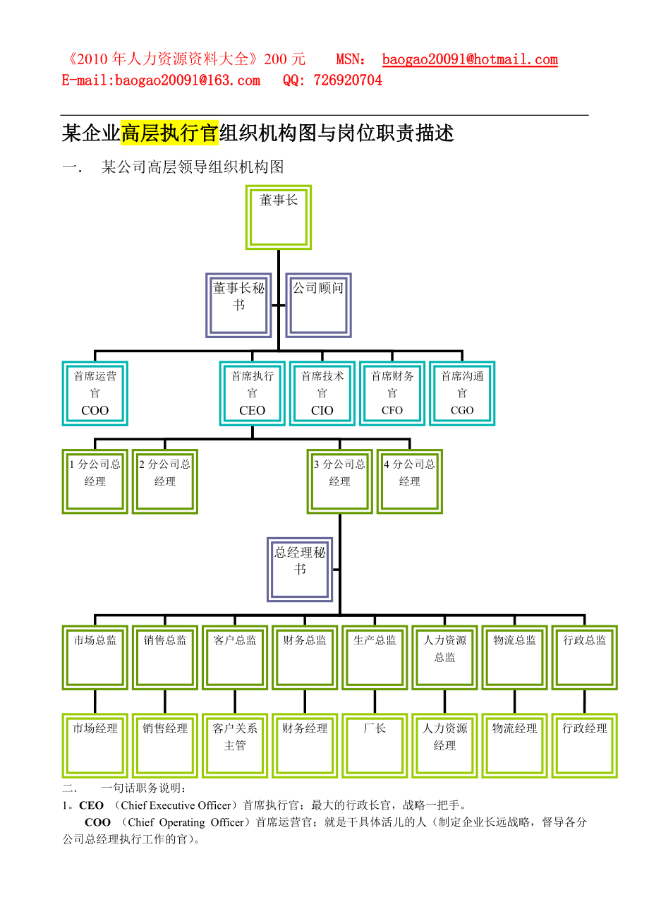 某企業(yè)高層執(zhí)行官組織機(jī)構(gòu)圖與崗位職責(zé)描述[共71頁]_第1頁