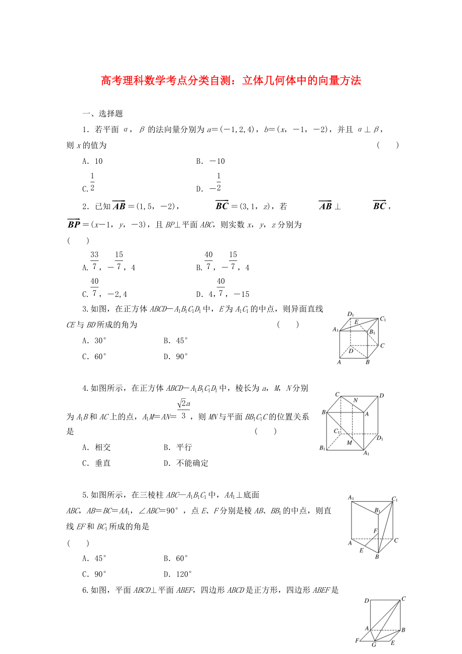 高考數(shù)學 考點分類自測 立體幾何體中的向量方法 理_第1頁