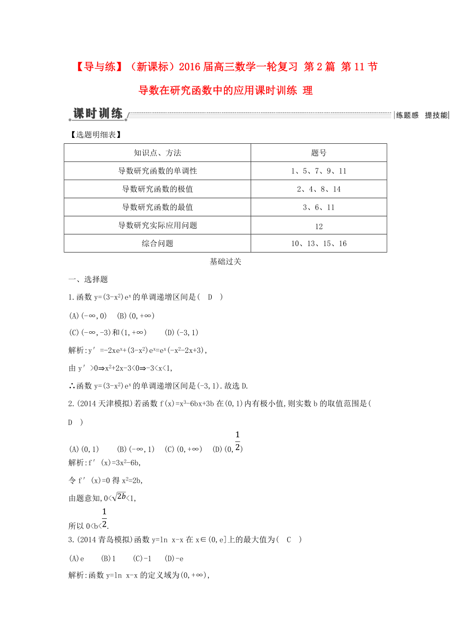 【導(dǎo)與練】新課標(biāo)高三數(shù)學(xué)一輪復(fù)習(xí) 第2篇 第11節(jié) 導(dǎo)數(shù)在研究函數(shù)中的應(yīng)用課時(shí)訓(xùn)練 理_第1頁(yè)