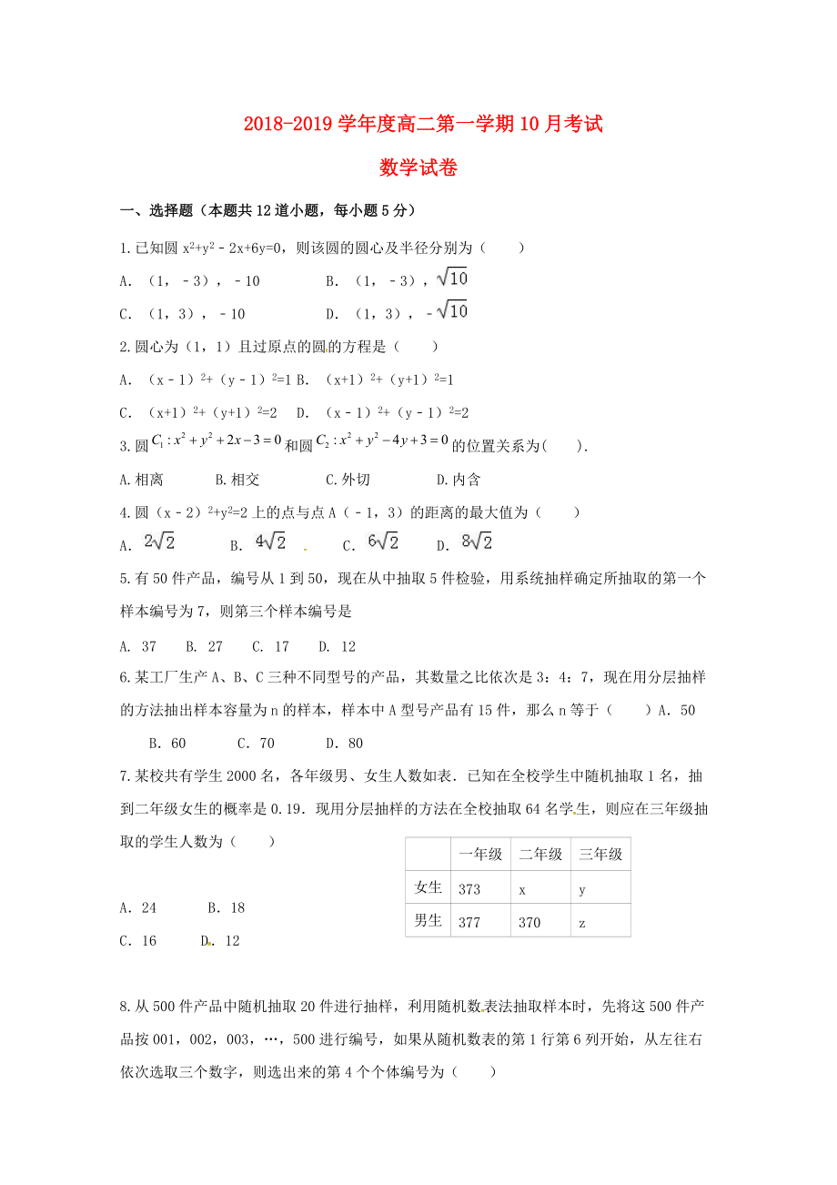 河北省某知名中学高二数学10月月考试题2_第1页