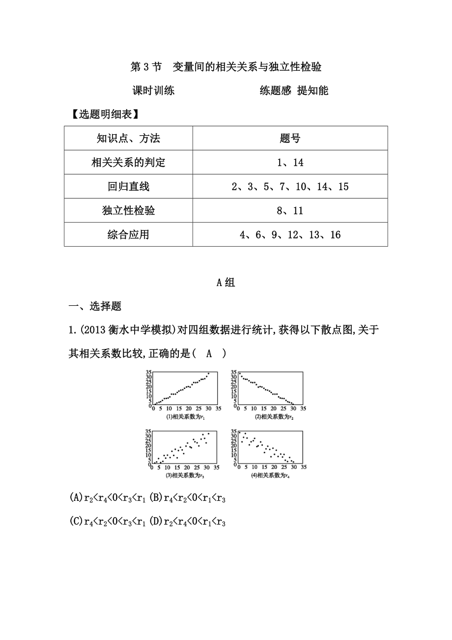 高考數(shù)學(xué)廣東專用文科大一輪復(fù)習(xí)配套課時(shí)訓(xùn)練：第九篇 統(tǒng)計(jì)、統(tǒng)計(jì)案例 第3節(jié)　變量間的相關(guān)關(guān)系與獨(dú)立性檢驗(yàn)含答案_第1頁(yè)