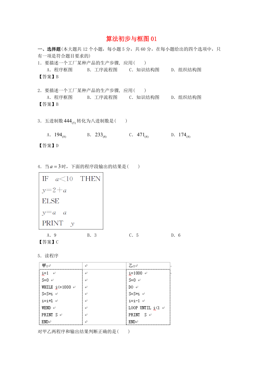 廣東省江門市高考數(shù)學(xué)一輪復(fù)習(xí) 專項(xiàng)檢測試題15 算法初步與框圖1_第1頁