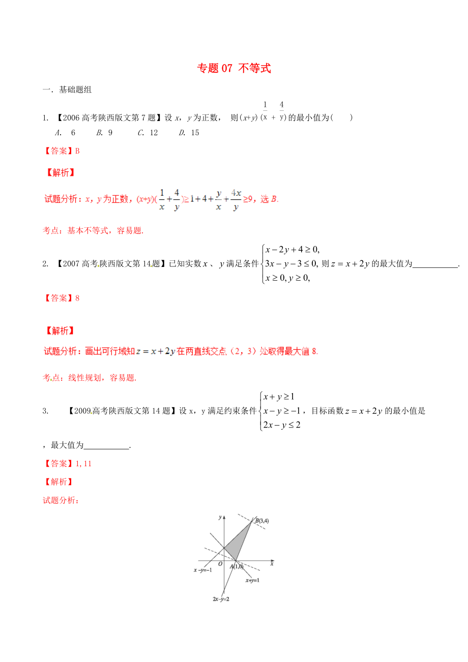 【備戰(zhàn)】陜西版高考數(shù)學(xué)分項(xiàng)匯編 專題07 不等式含解析文_第1頁