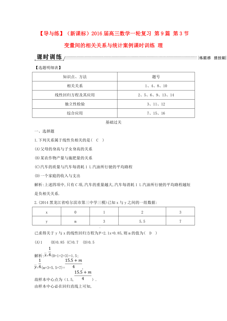 【導與練】新課標高三數學一輪復習 第9篇 第3節(jié) 變量間的相關關系與統(tǒng)計案例課時訓練 理_第1頁