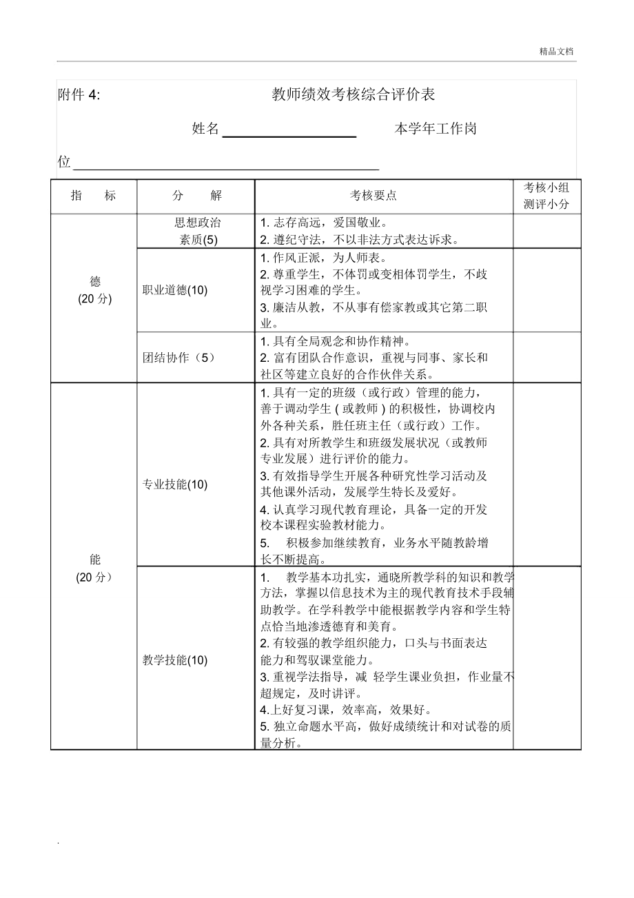 教师绩效考核综合评价表