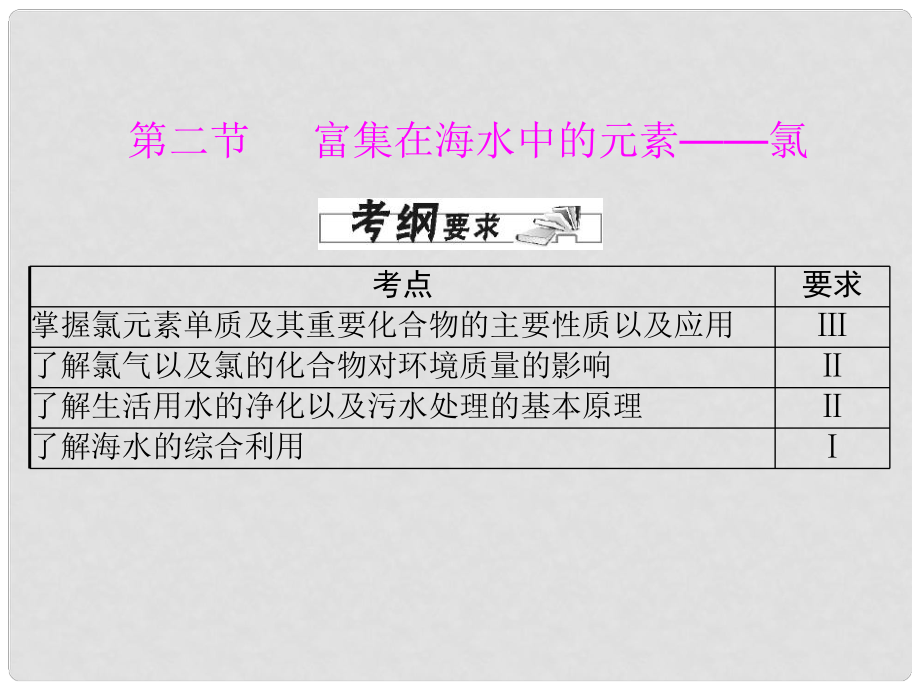 廣東省高中化學 第四章 第二節(jié) 富集在海水中的元素氯課件 新人教版必修1_第1頁