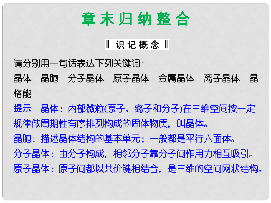 高中化學(xué) 第三章 晶體結(jié)構(gòu)與性質(zhì) 章末歸納整合課件 新人教版選修3_第1頁