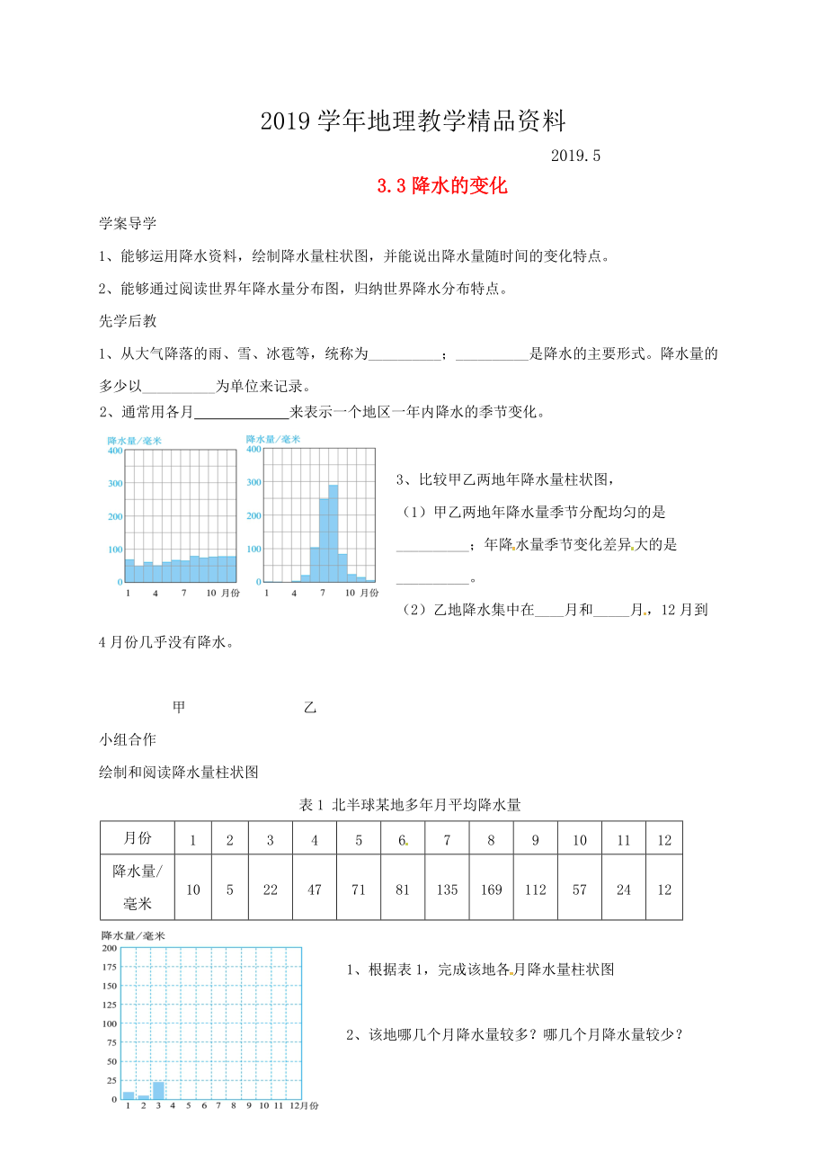 山东省临沂市七年级地理上册3.3降水的变化导学案新版新人教版_第1页