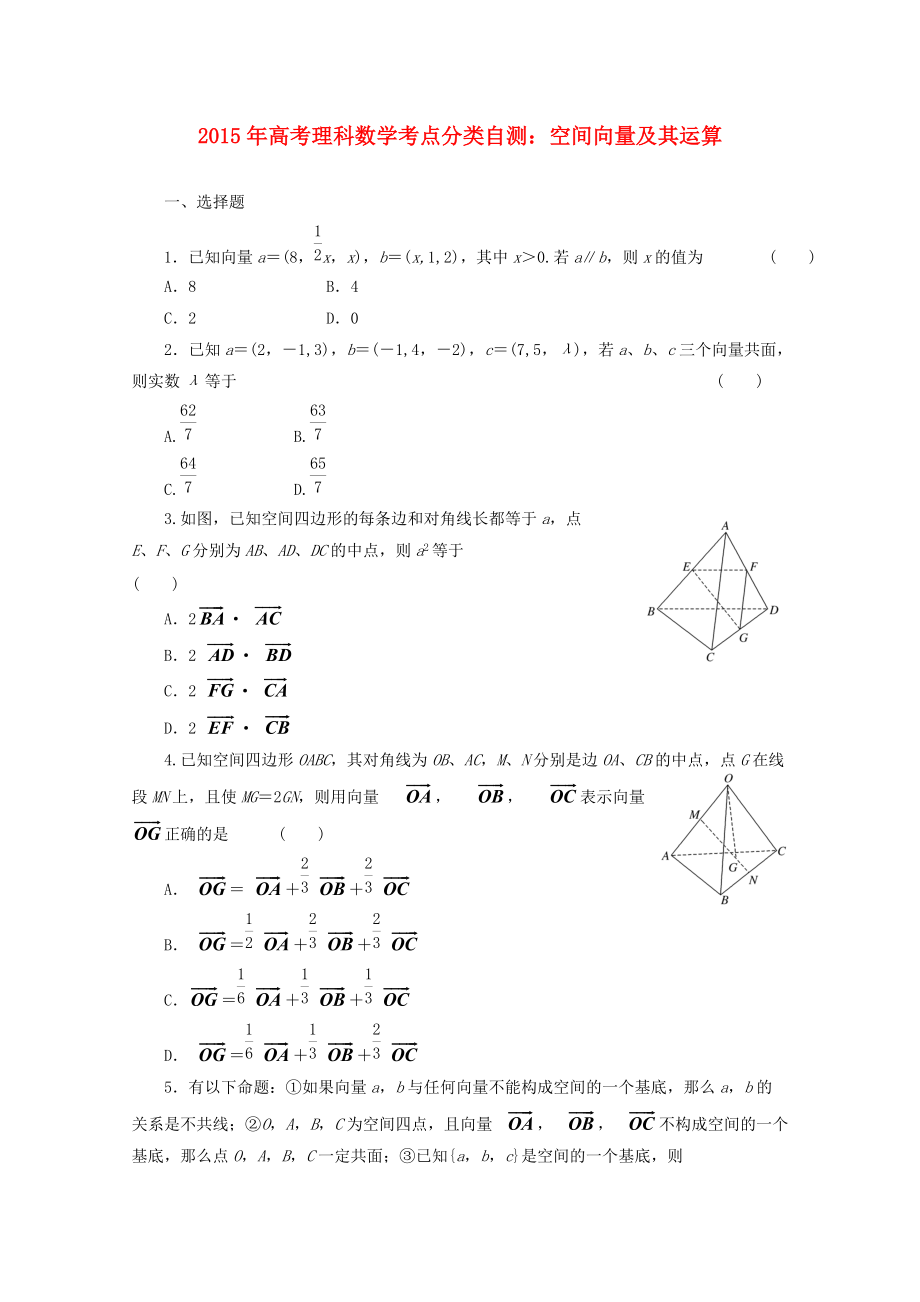 高考數(shù)學(xué)考點分類自測 空間向量及其運算 理_第1頁