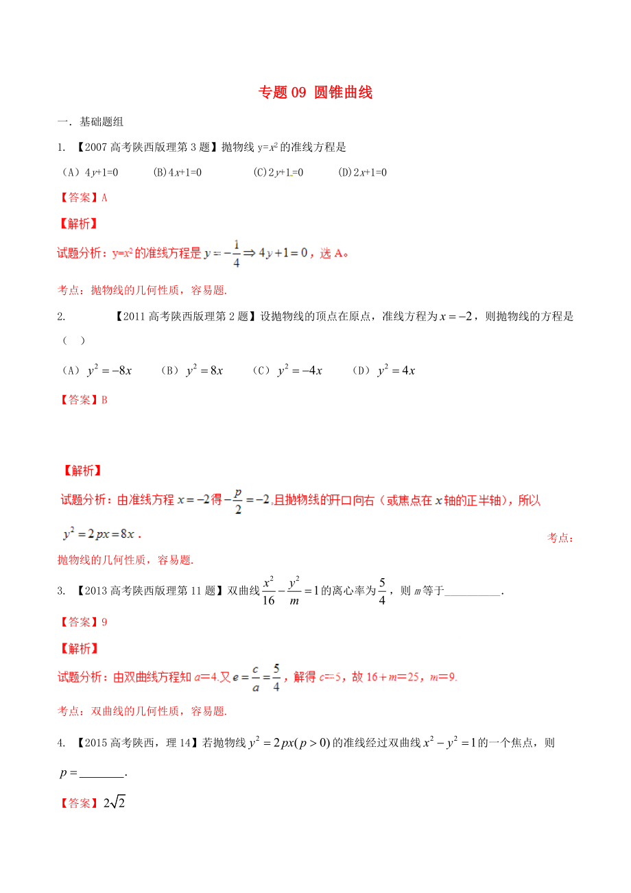 【備戰(zhàn)】陜西版高考數(shù)學(xué)分項(xiàng)匯編 專題09 圓錐曲線含解析理科_第1頁(yè)