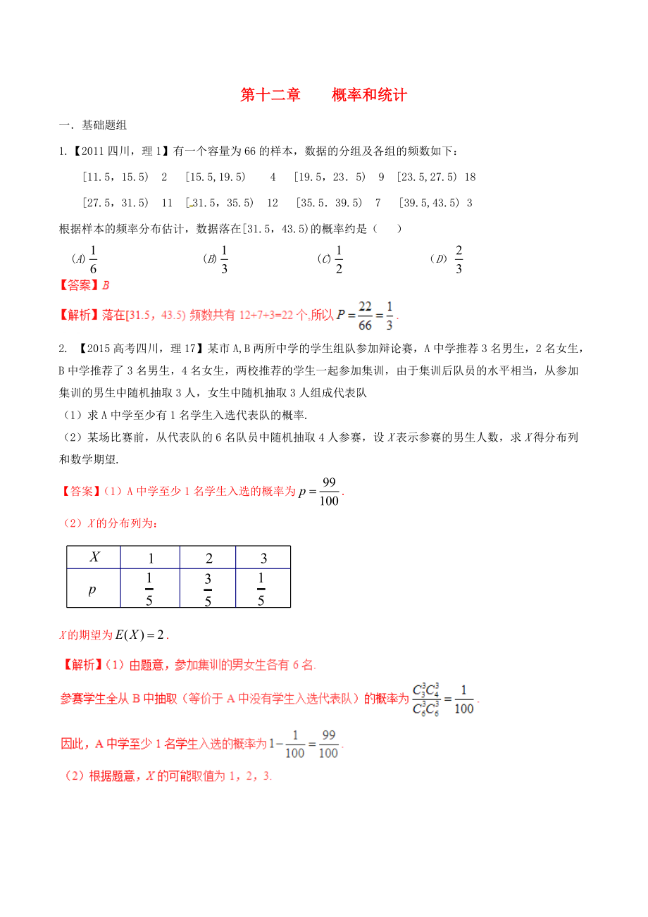 【備戰(zhàn)】四川版高考數(shù)學(xué)分項(xiàng)匯編 專題12 概率和統(tǒng)計(jì)含解析理_第1頁(yè)