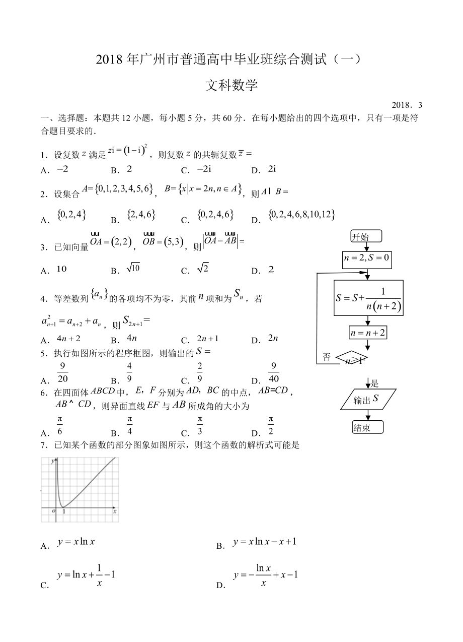 广东省广州市高三综合测试一数学文试卷含答案_第1页