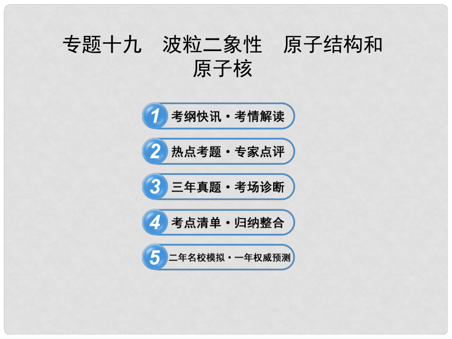 高考物理三輪沖刺 專題十九 波粒二象性 原子結(jié)構(gòu)和原子核課件_第1頁(yè)