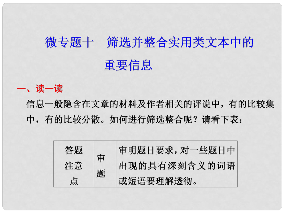 高考語文二輪復(fù)習(xí) 考前三個月 第二部分第三章微專題十 篩選并整合實用類文本中的重要信息配套課件_第1頁