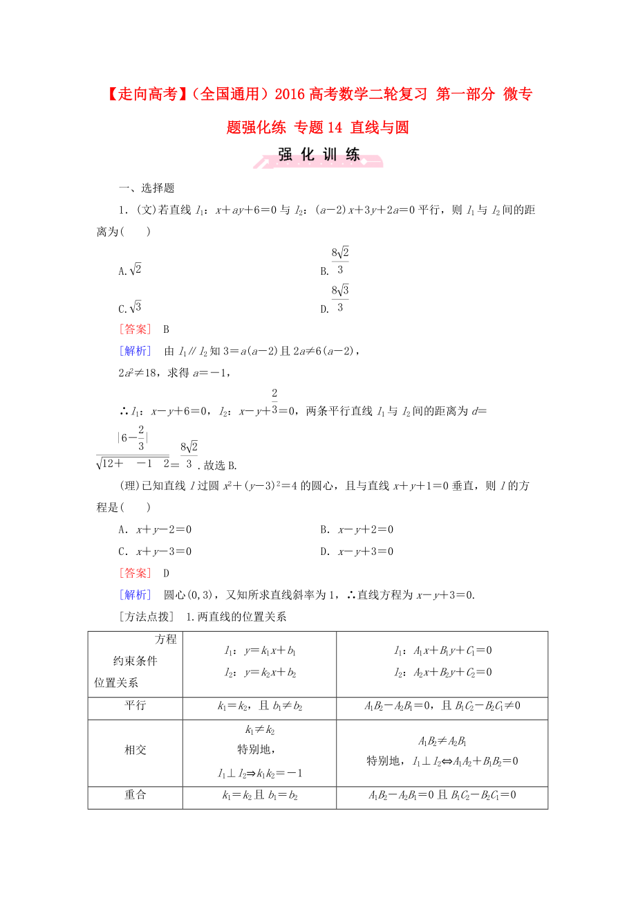 【走向高考】全國通用高考數(shù)學(xué)二輪復(fù)習(xí) 第一部分 微專題強(qiáng)化練 專題14 直線與圓含解析_第1頁