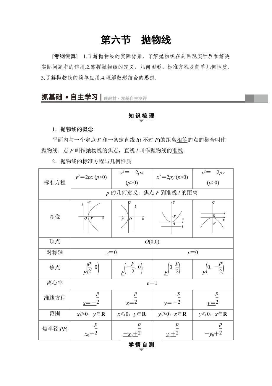 一轮北师大版理数学教案：第8章 第6节　抛物线 Word版含解析_第1页