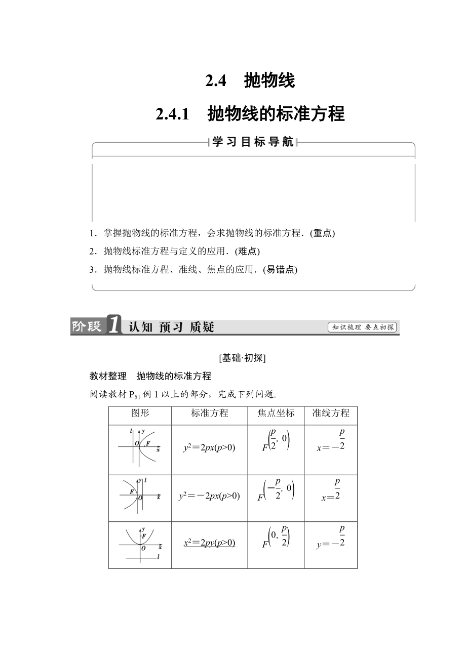 高中数学苏教版选修21学案：2.4.1 抛物线的标准方程 Word版含解析_第1页