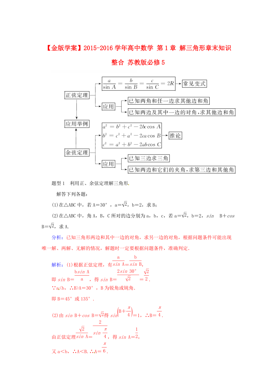 高中數(shù)學(xué) 第1章 解三角形章末知識整合 蘇教版必修5_第1頁