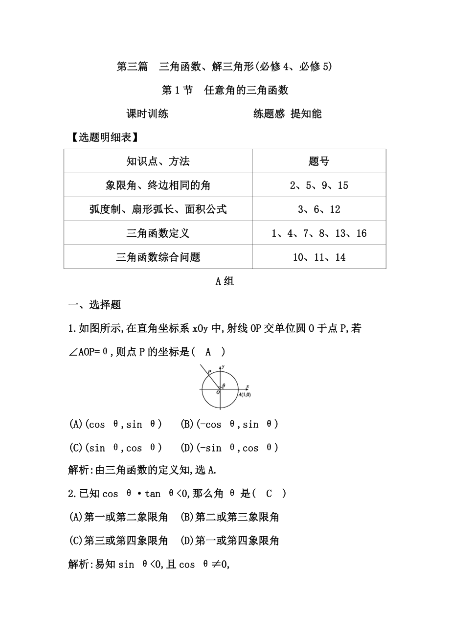 高考數(shù)學(xué)廣東專(zhuān)用文科大一輪復(fù)習(xí)配套課時(shí)訓(xùn)練：第三篇 三角函數(shù)、解三角形 第1節(jié)　任意角的三角函數(shù)含答案_第1頁(yè)