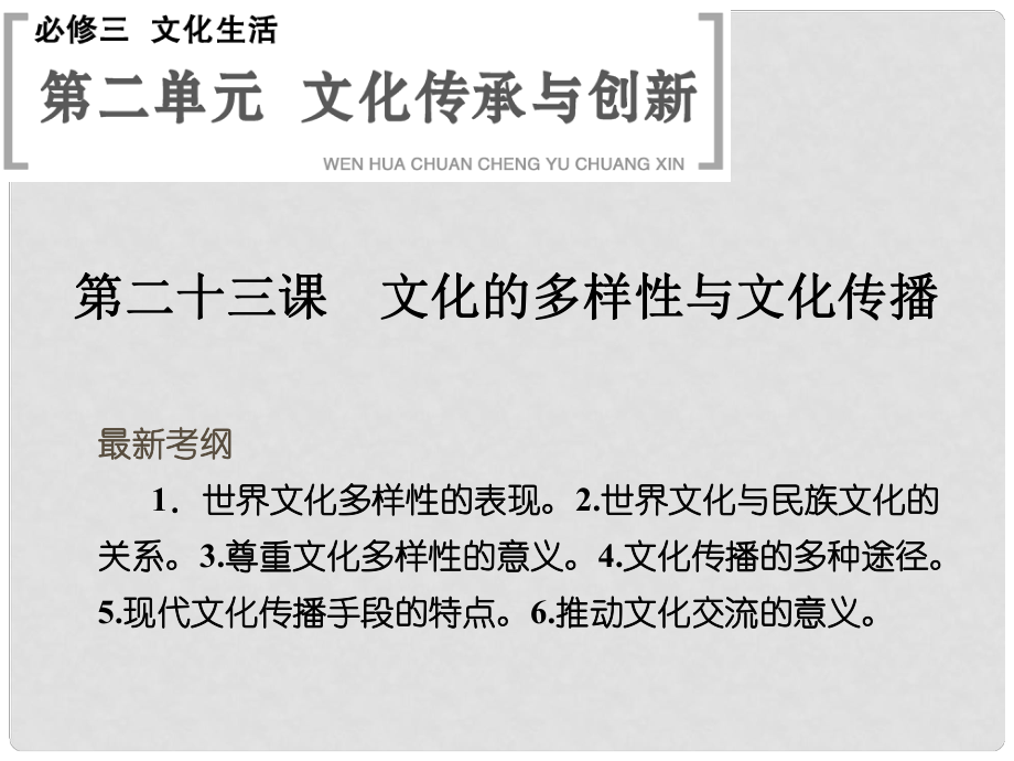 高考政治大一輪復(fù)習(xí) 第二單元 第二十三課 文化的多樣性與文化傳播課件 新人教版必修3_第1頁