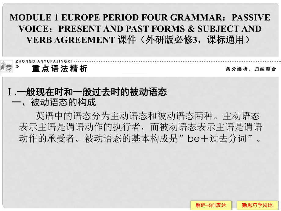 高中英语 Module 1 Europe Period Four Grammar：Passive voice课件 外研版必修3_第1页