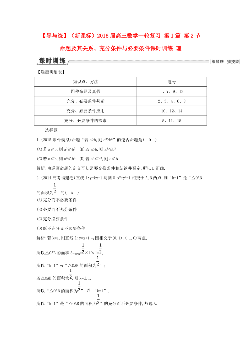 【導與練】新課標高三數(shù)學一輪復習 第1篇 第2節(jié) 命題及其關系、充分條件與必要條件課時訓練 理_第1頁