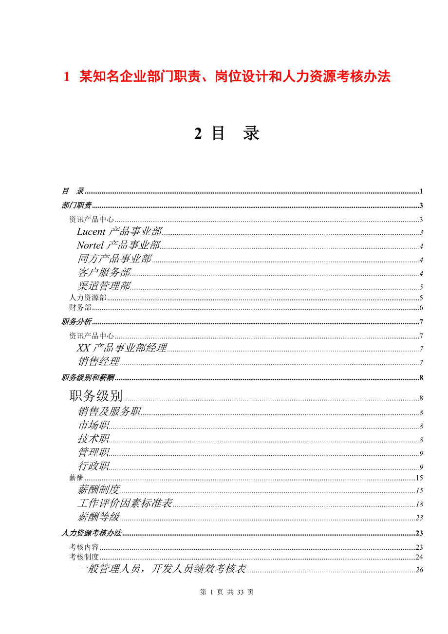 某知名企業(yè)部門職責(zé)崗位設(shè)計(jì)和人力資源考核辦法[共33頁]_第1頁