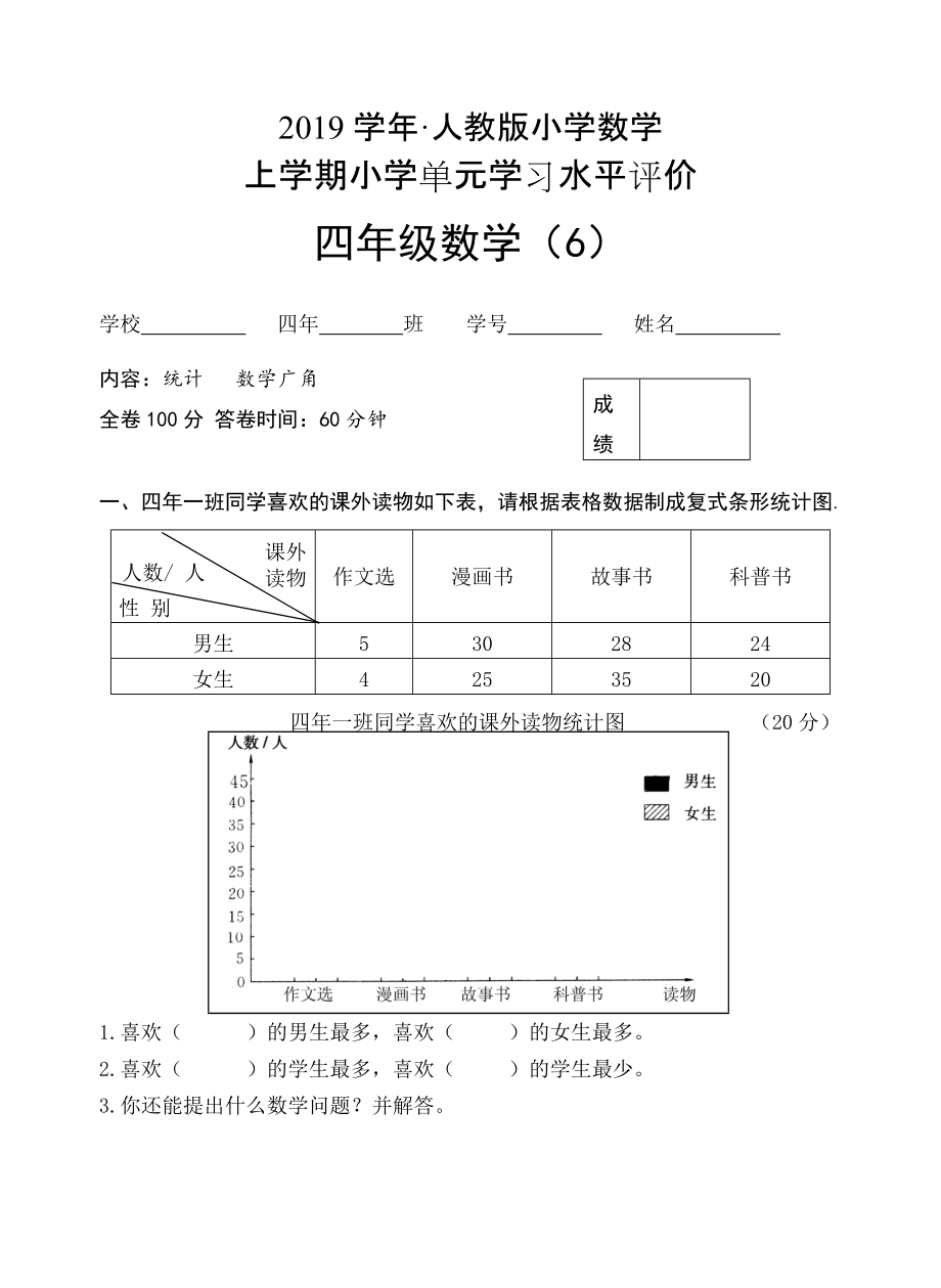 人教版 小學(xué)四年級 數(shù)學(xué)上冊 單元測試6_第1頁