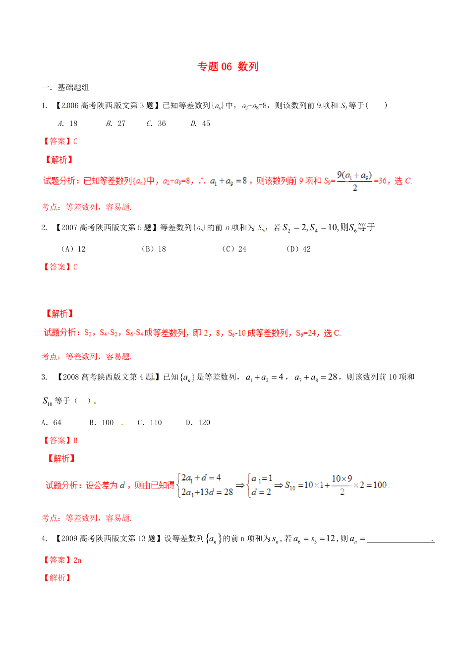 【備戰(zhàn)】陜西版高考數(shù)學(xué)分項匯編 專題06 數(shù)列含解析文_第1頁