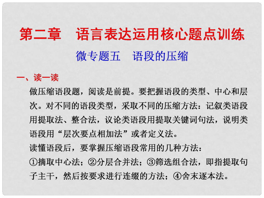 高考語文二輪復習 考前三個月 第二部分第二章微專題五 語段的壓縮配套課件_第1頁