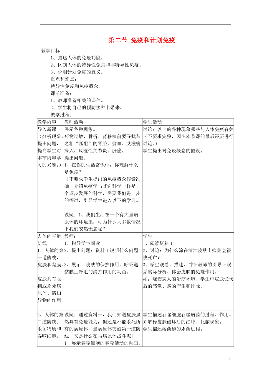 八年級(jí)生物下冊(cè) 第8單元 第1章 第2節(jié) 免疫與計(jì)劃免疫教案 新版新人教版_第1頁(yè)