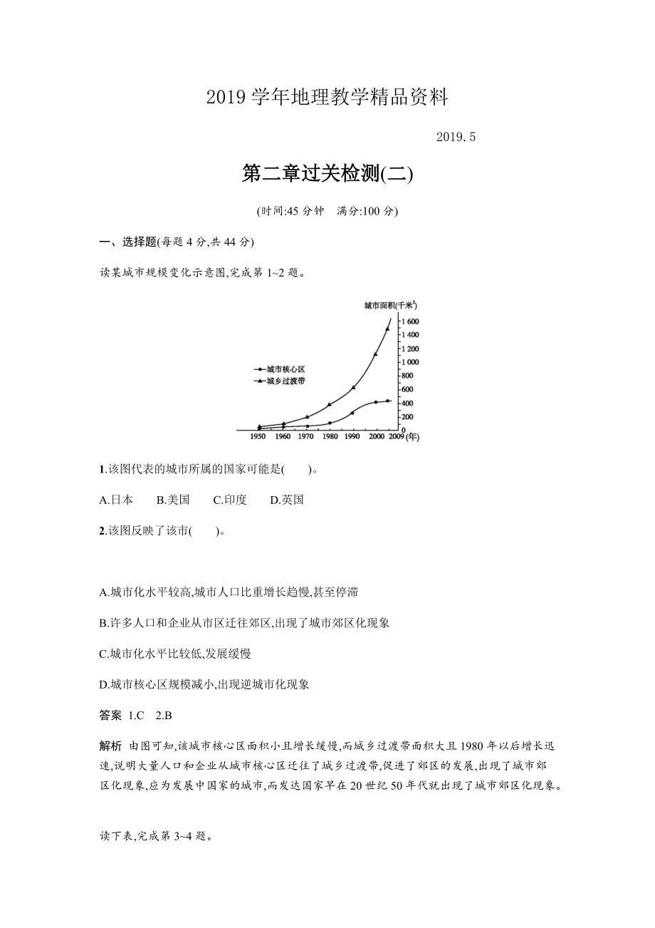 地理必修二湘教版同步練習學案：第二章 城市與環(huán)境過關檢測二 Word版含答案_第1頁