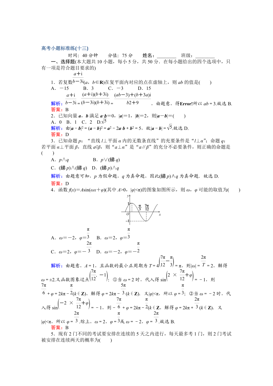 【師說(shuō)】高考數(shù)學(xué)文二輪復(fù)習(xí) 高考小題標(biāo)準(zhǔn)練十三 Word版含解析_第1頁(yè)