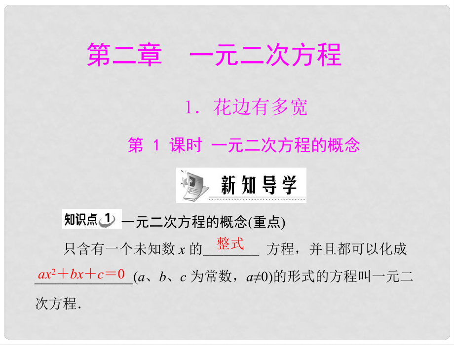 九年級數(shù)學(xué) 第二章 1 花邊有多寬 第1課時　一元二次方程的概念配套課件 北師大版_第1頁