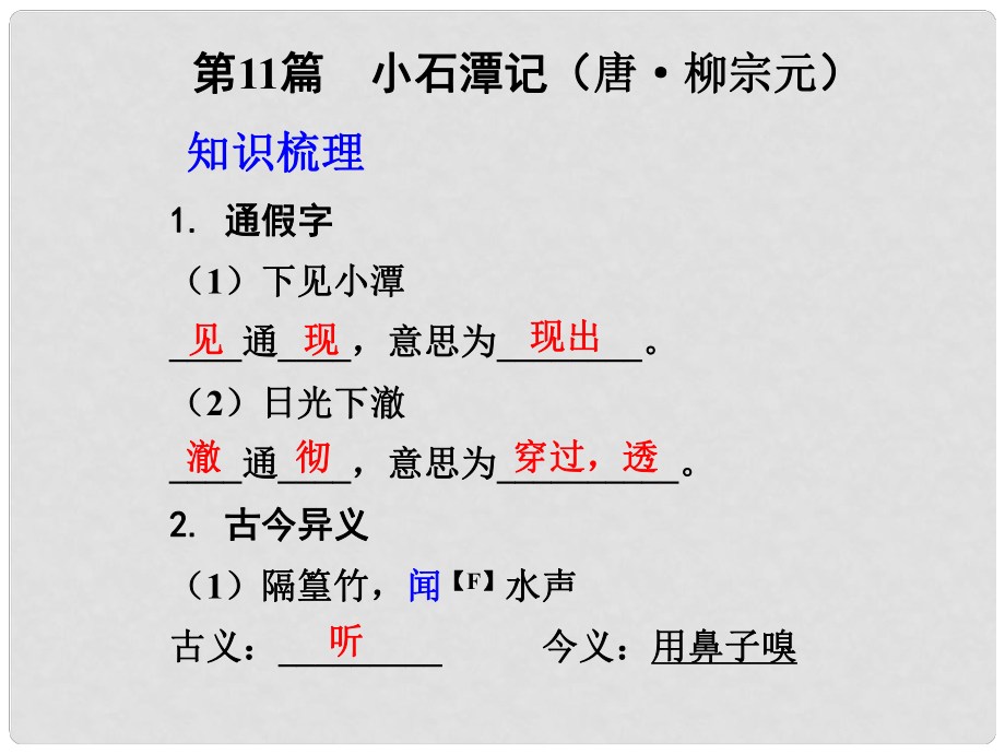 中考語文 古詩文知識(shí)梳理 文言文部分 第11篇 小石潭記課件_第1頁