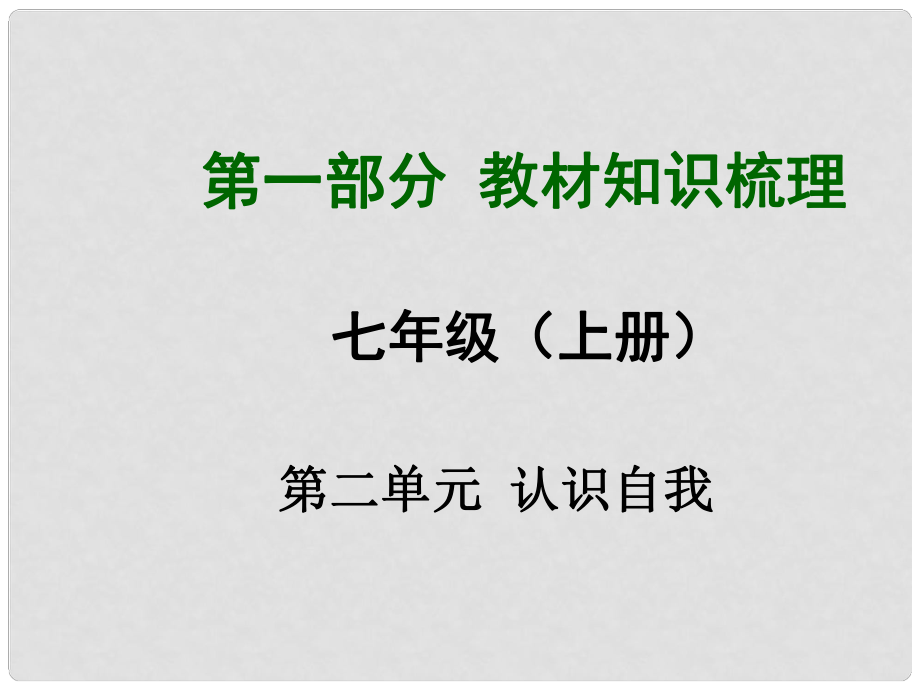 安徽省中考政治總復(fù)習(xí) 第一部分 教材知識(shí)梳理 七上 第二單元 認(rèn)識(shí)自我課件 粵教版_第1頁(yè)