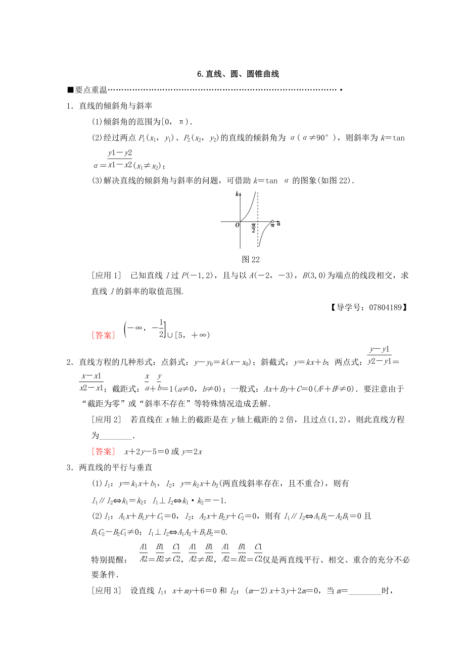 高考數(shù)學(xué) 理二輪復(fù)習(xí)教師用書：第3部分 考前增分策略 專題1 6.直線、圓、圓錐曲線 Word版含答案_第1頁