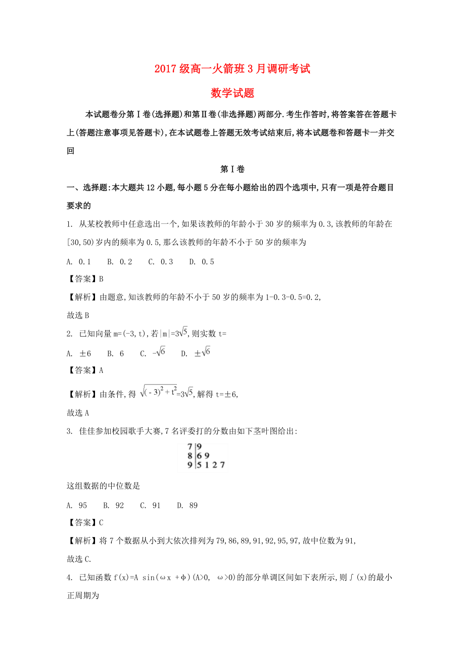 河南省某知名中学高一数学下学期月考试题含解析2_第1页