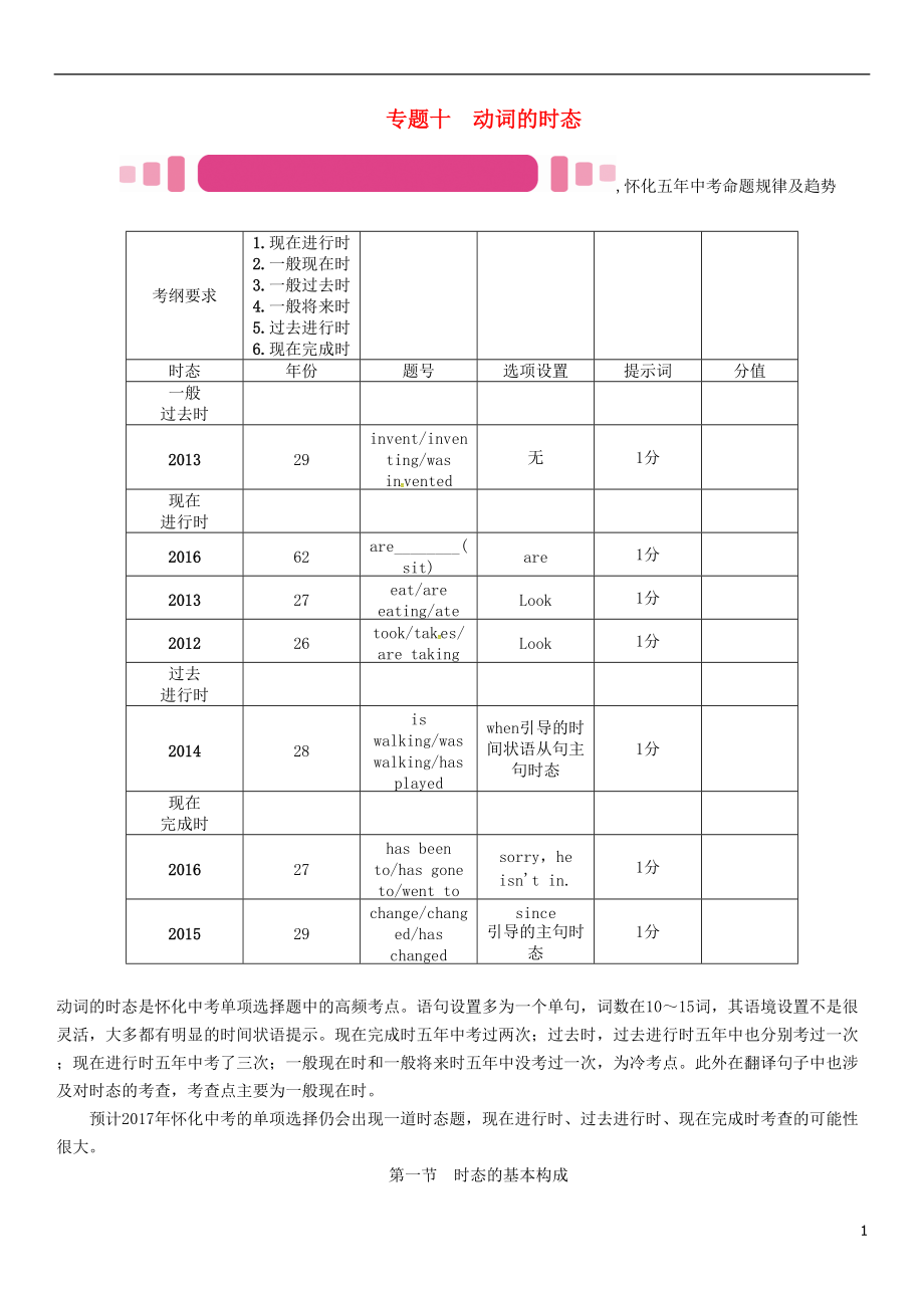 中考英語命題研究 第二編 語法專題突破篇 專題十 動詞的時態(tài) 第一節(jié) 時態(tài)的基本構(gòu)成精講試題1_第1頁