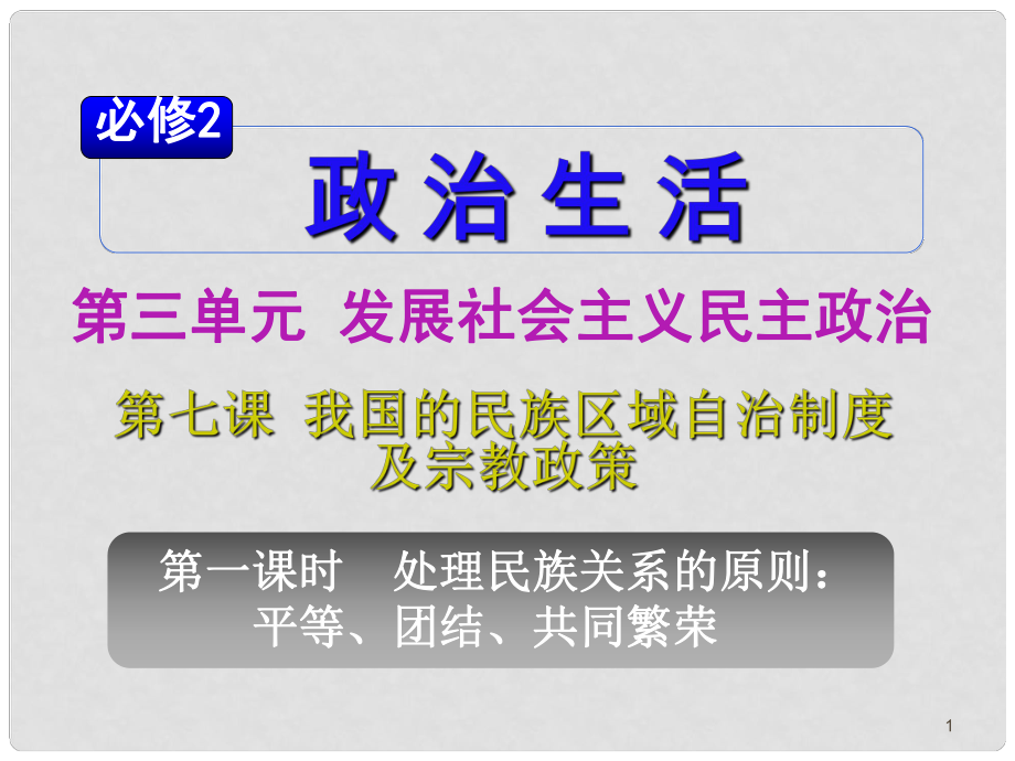 山西省高考政治復(fù)習(xí) 第3單元第7課第1課時(shí) 處理民族關(guān)系的原則：平等、團(tuán)結(jié)、共同繁榮課件 新人教版必修2_第1頁(yè)