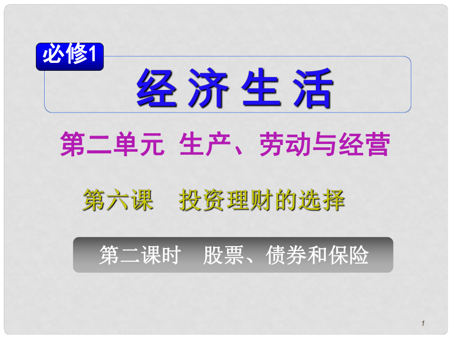 山西省高考政治復習 第2單元第6課第2課時 股票、債券和保險課件 新人教版必修1_第1頁