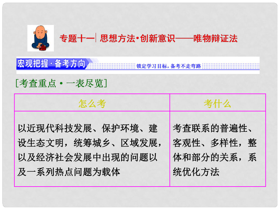 高考政治二輪復(fù)習(xí) 專題十一 思想方法 創(chuàng)新意識唯物辯證法課件_第1頁