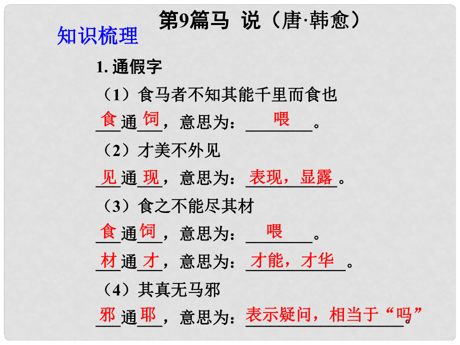 中考語文 古詩文知識梳理 文言文部分 第9篇 馬說課件_第1頁