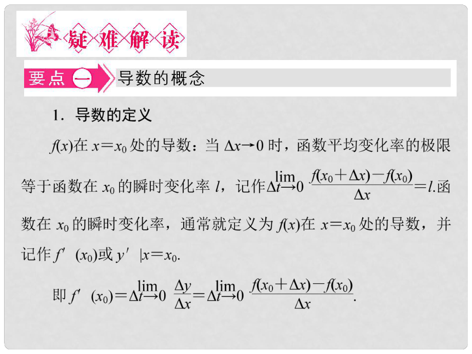 陜西省高中數(shù)學 第二章 變化率與導數(shù) 導數(shù)的概念及其幾何意義疑難解讀課件 北師大版選修22_第1頁